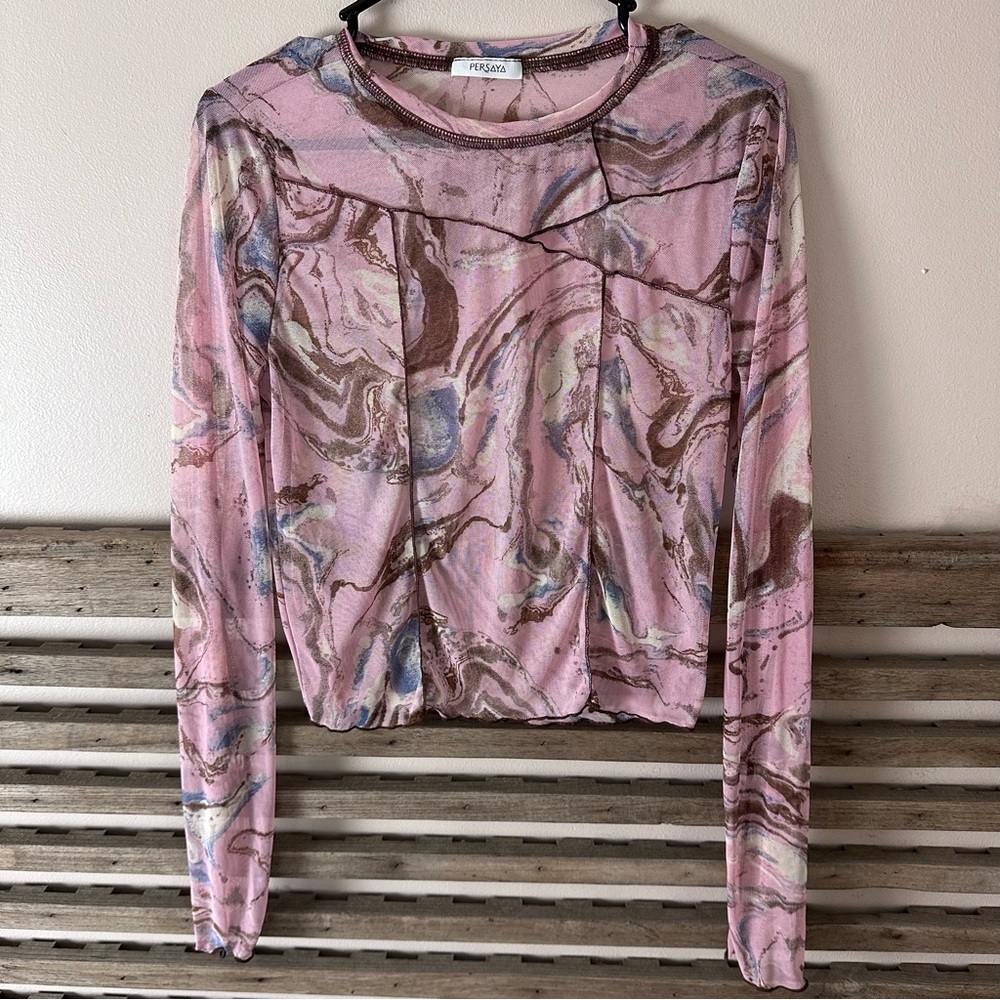 Persaya Sheer Retro Marble Long Sleeve Top